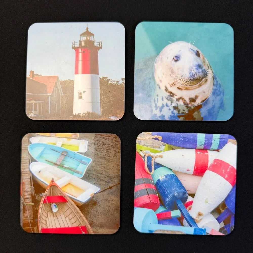 Nautical Cork Coasters Set 4 Lighthouse Seal Boat Buoy Coastal Beach House Decor